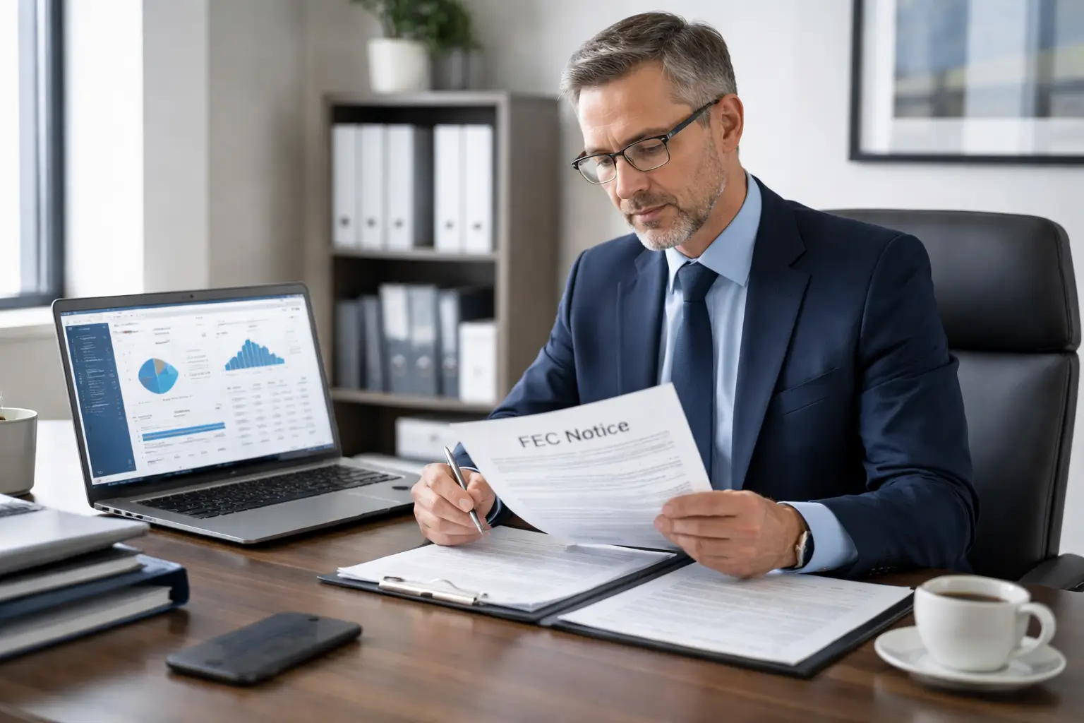 PAC treasurer reviewing an FEC RFAI notice and campaign finance compliance documents