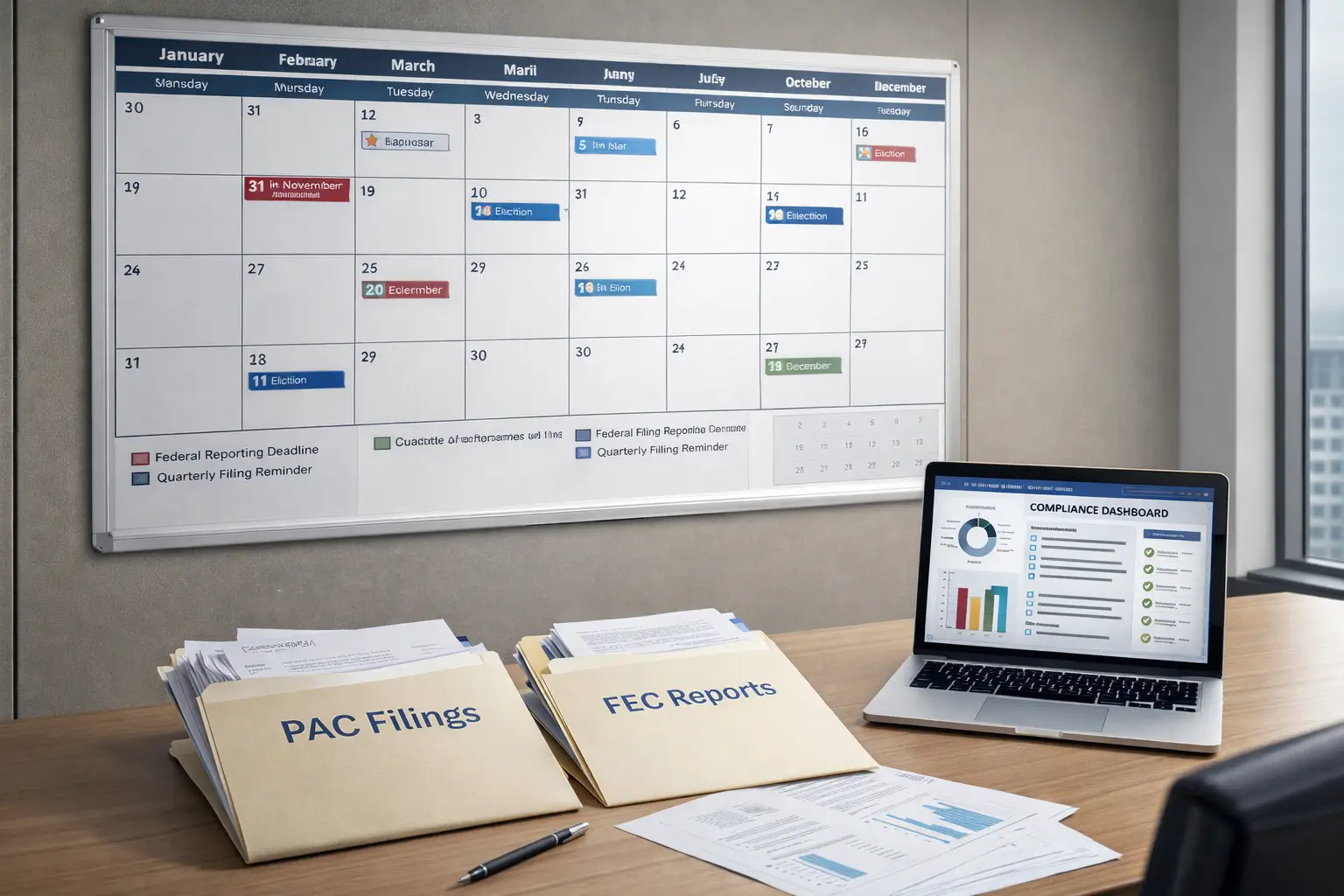 FEC compliance calendar with federal PAC filing deadlines and reporting schedule planning workspace