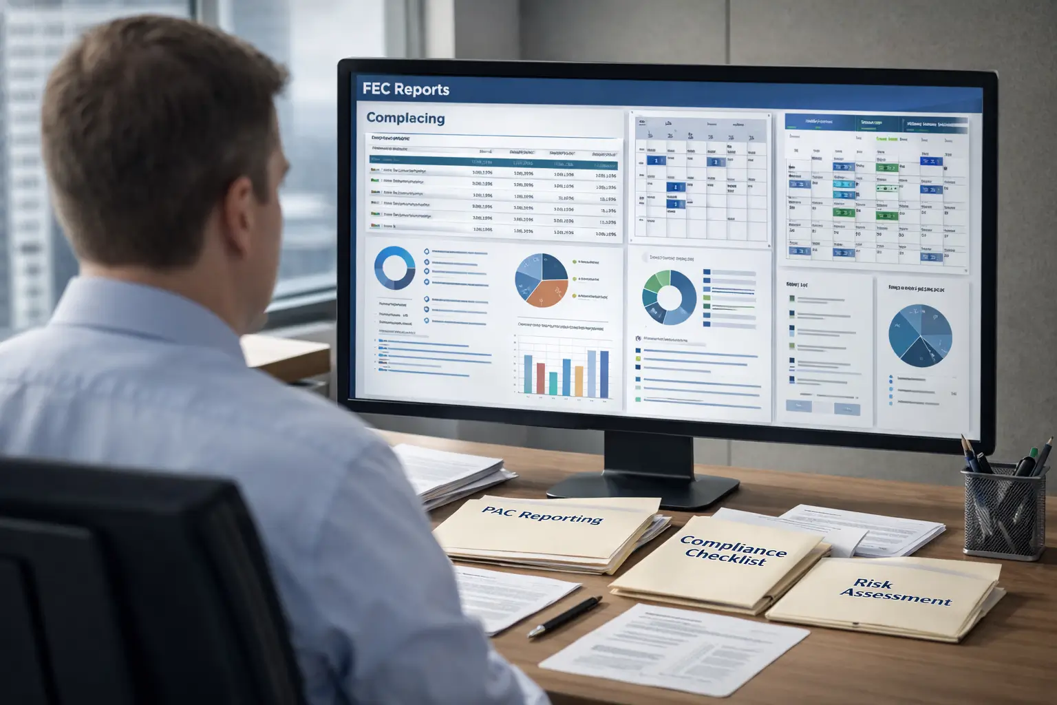 Split-screen illustration showing left side automated reporting software dashboard and right side human compliance expert reviewing documents and regulations, symbolizing software vs compliance oversight in campaign finance reporting; clean corporate infographic style, blue and gray palette, landscape format, high resolution