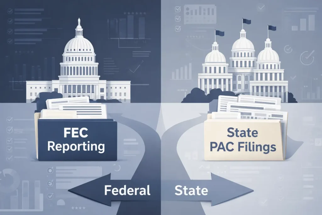Federal vs state PAC reporting explained, highlighting filing deadlines and compliance risks for PAC treasurers.